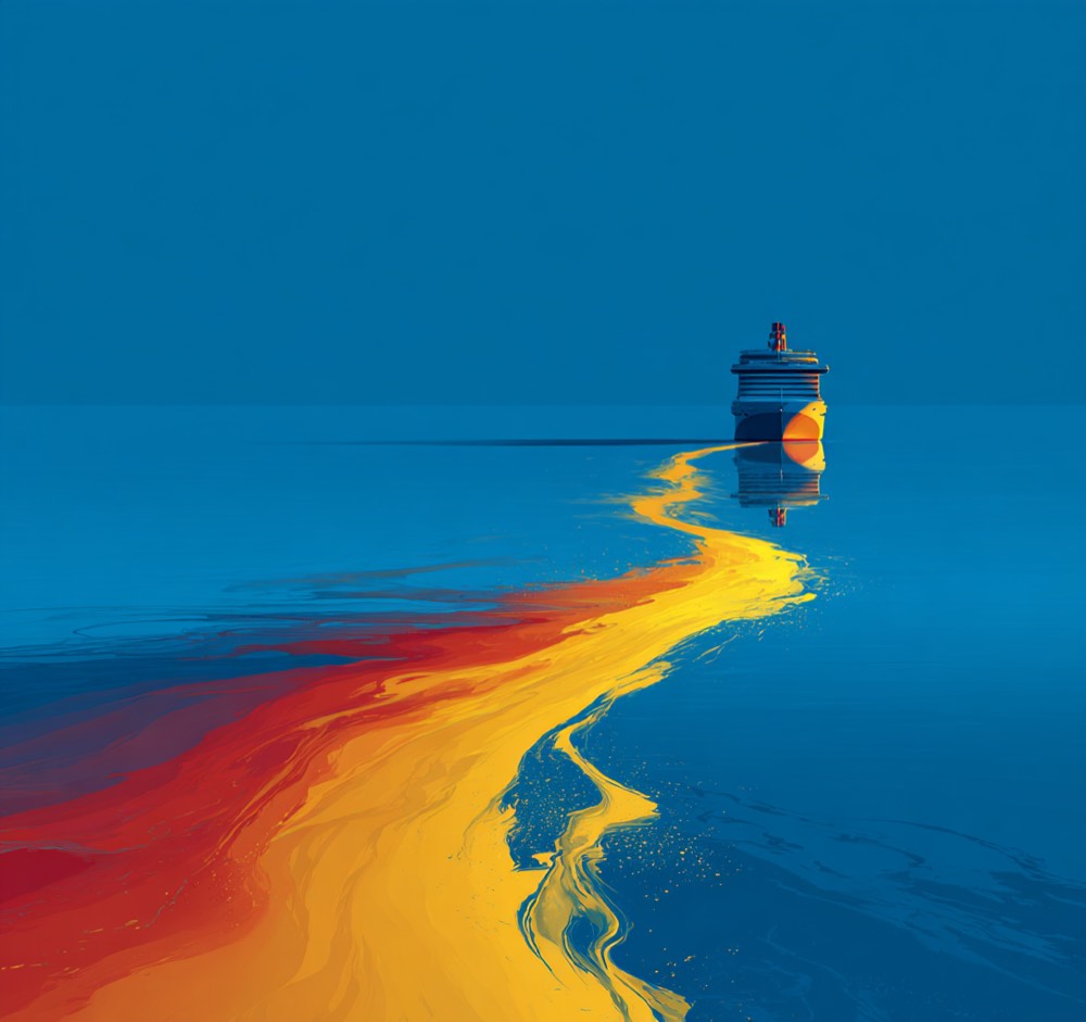 Illustratie van een cruiseschip met een gekleurd kielzog op open zee